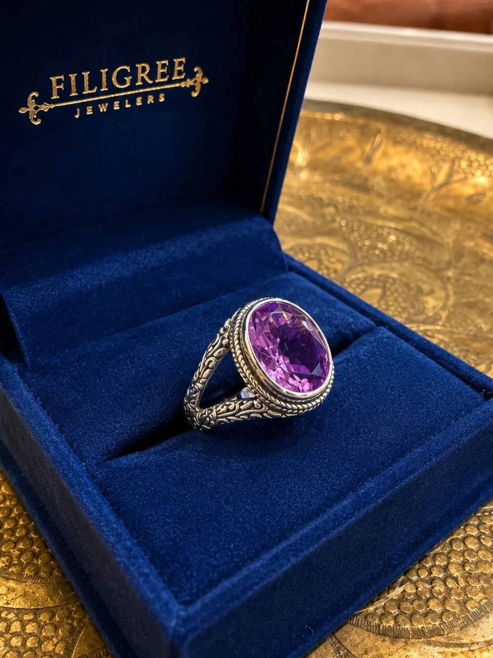 Vintage Sterling Silver 925 Amethyst Statement Ring Size 7.75 Ornate Filigree